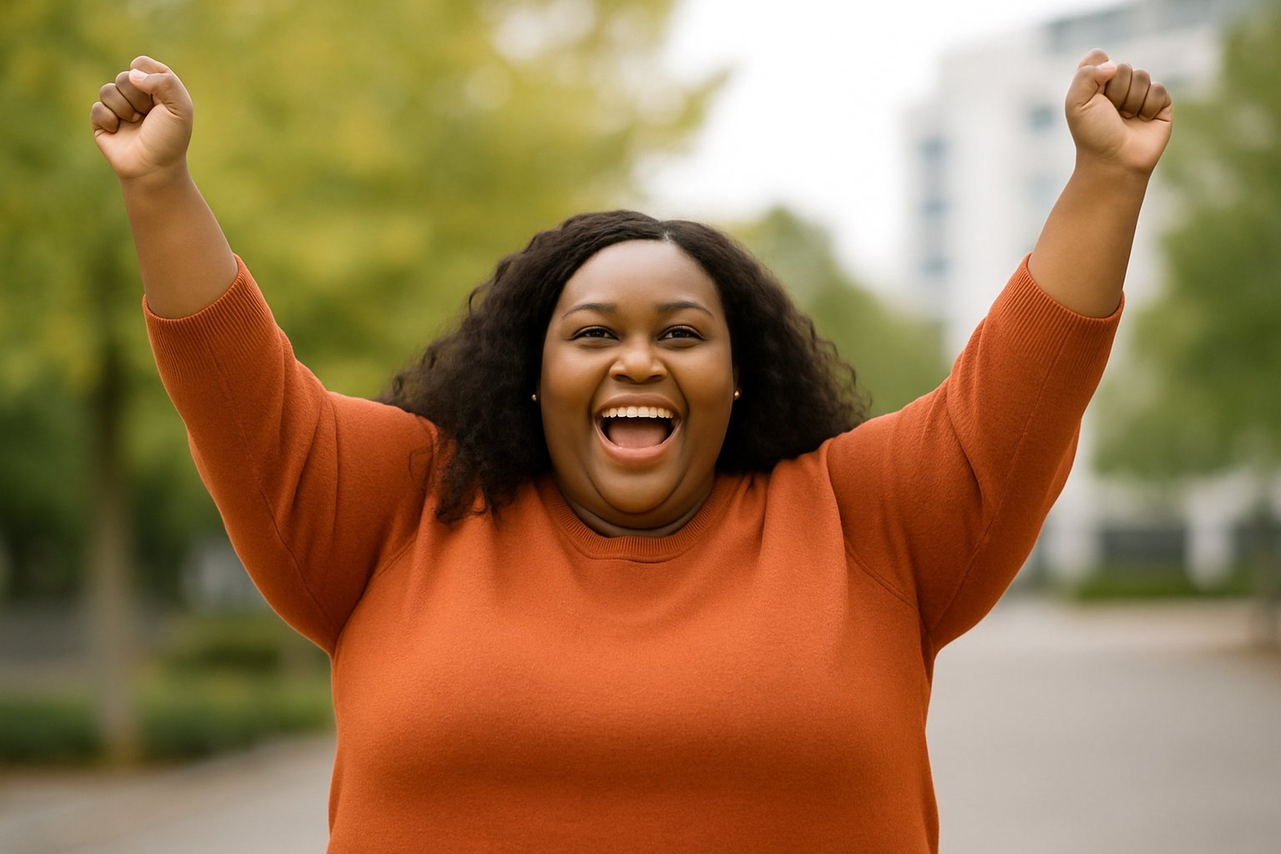A woman raising her arms in celebration in a park