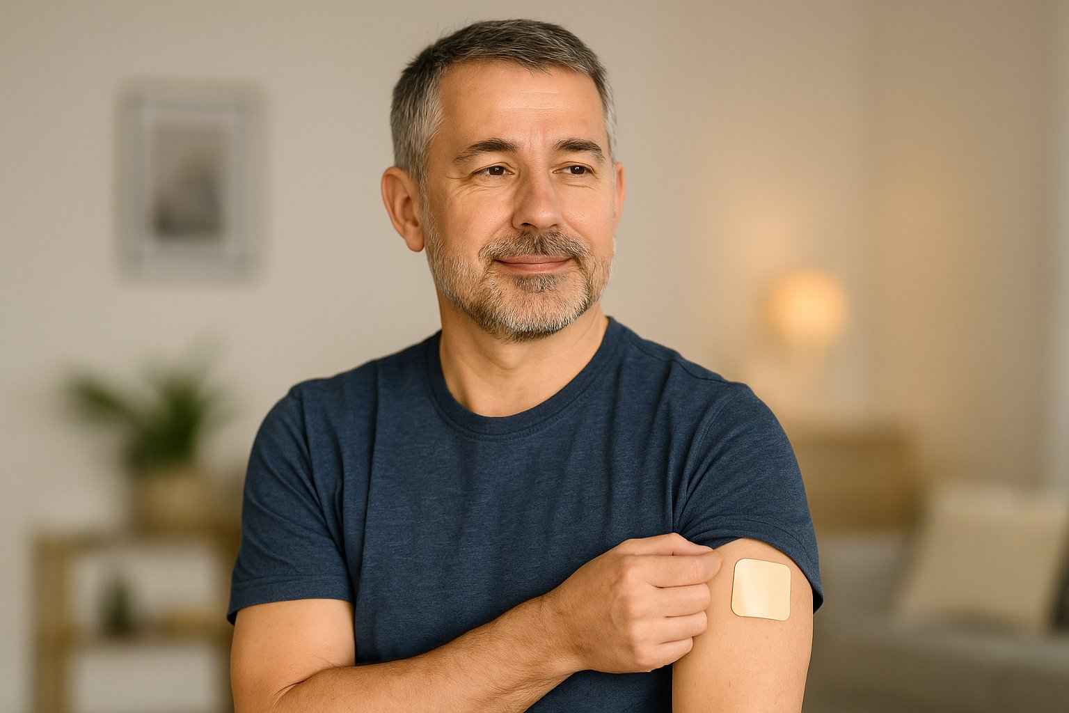 Man showing a smoking patch on his arm